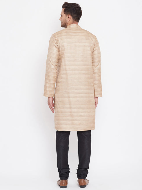 Vastramay Men's Beige And Black Silk Blend Kurta Pyjama Set